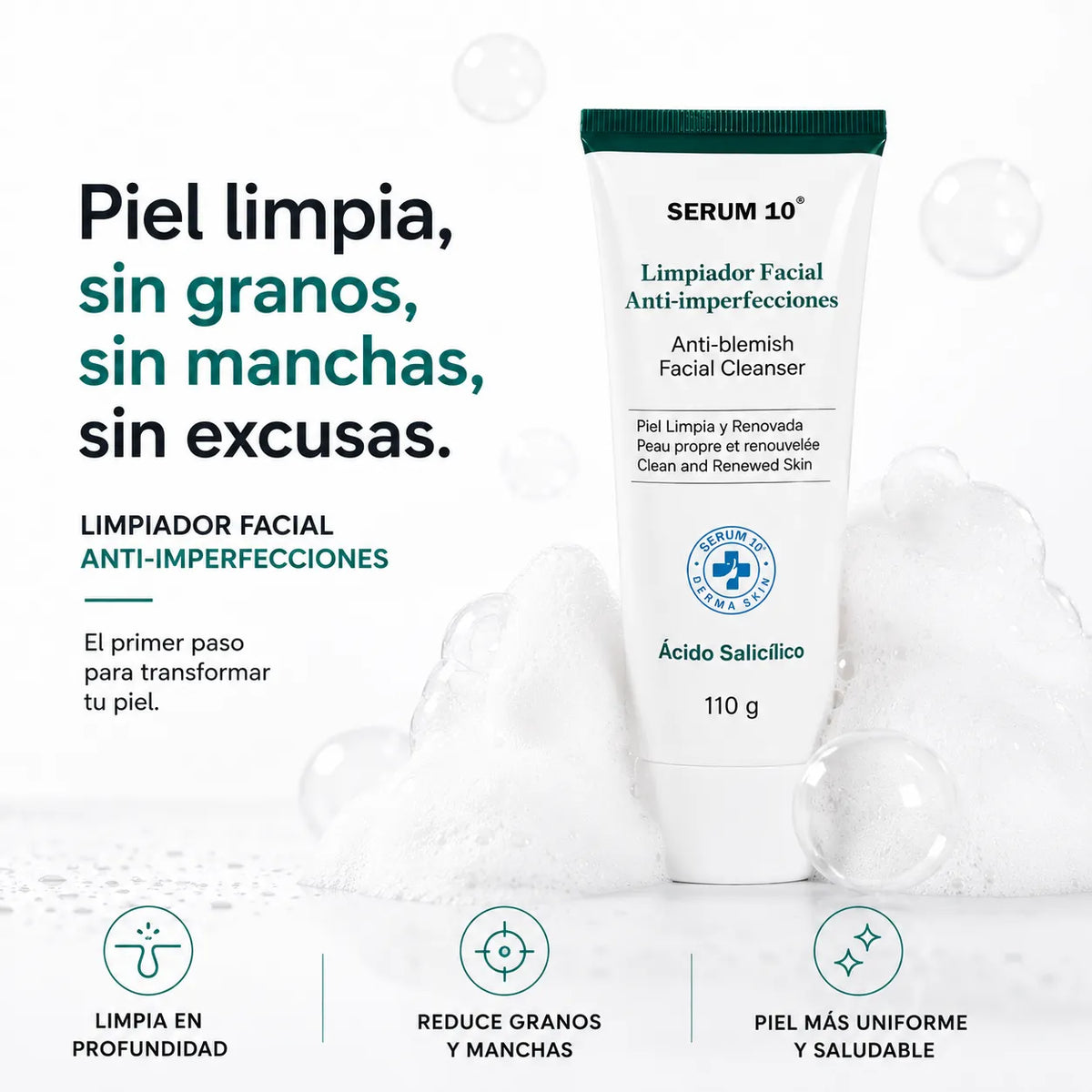 LIMPIADOR ANTI ACNE Y MANCHAS DE NIACINAMIDA,ACIDO SALICILICO Y GLICOLICO