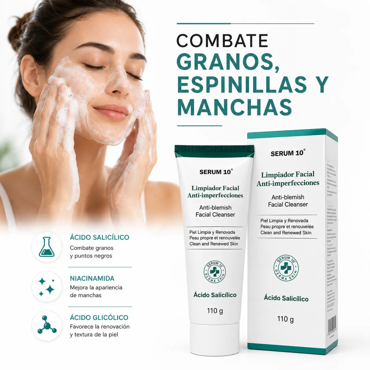 LIMPIADOR ANTI ACNE Y MANCHAS DE NIACINAMIDA,ACIDO SALICILICO Y GLICOLICO